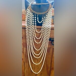 White Faux Pearl w/Gold Tone Statement Bib or Draped Multi-Strand necklace.